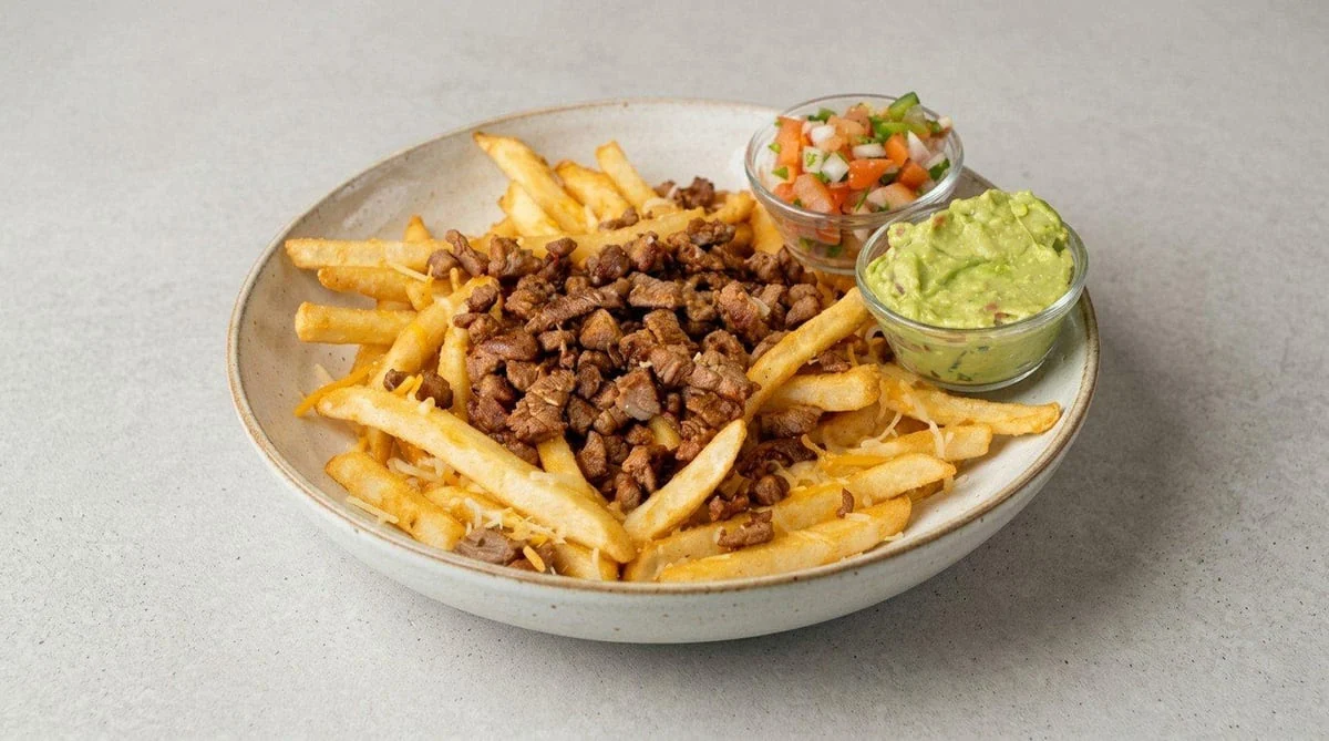 Loaded fries with steak, cheese, pico de gallo and guacamole