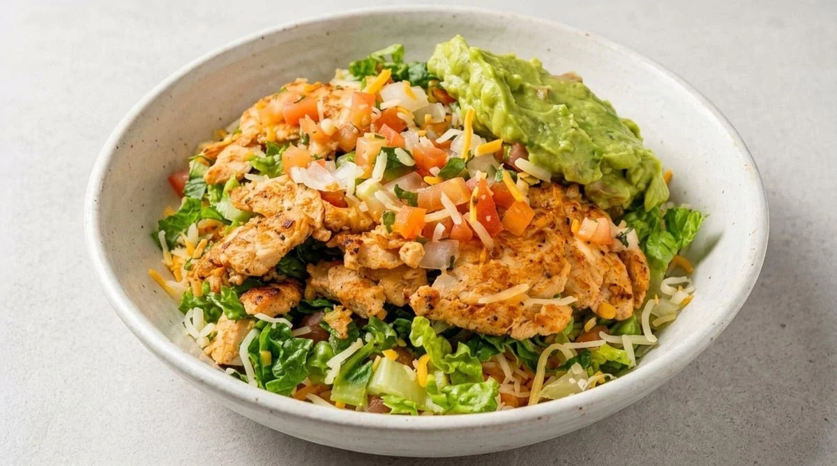 Chicken bowl with lettuce, cheese, pico de gallo and guacamole