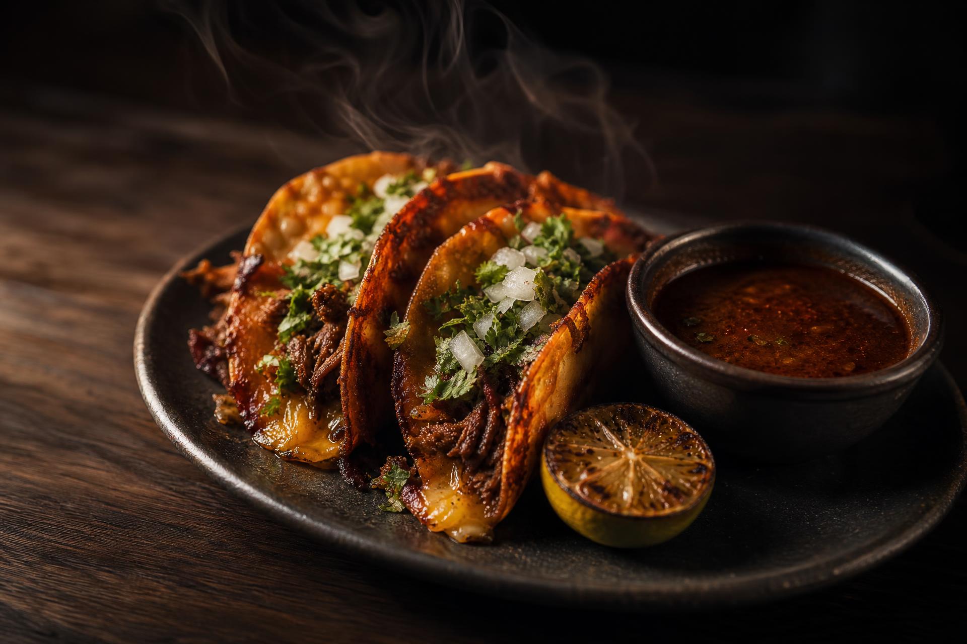 Street tacos on green checker paper at Sazónova Taqueria in Chandler, Arizona