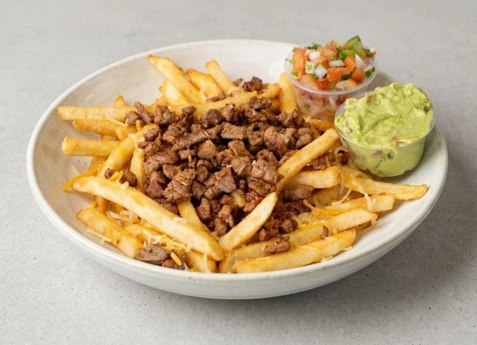 Loaded fries with steak, cheese and crema
